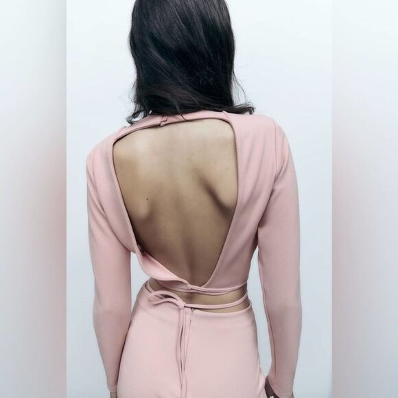 Zara NWT Cropped Open Back Top with Ties Pale Pink Size XL Bloggers Fav - Picture 2 of 11